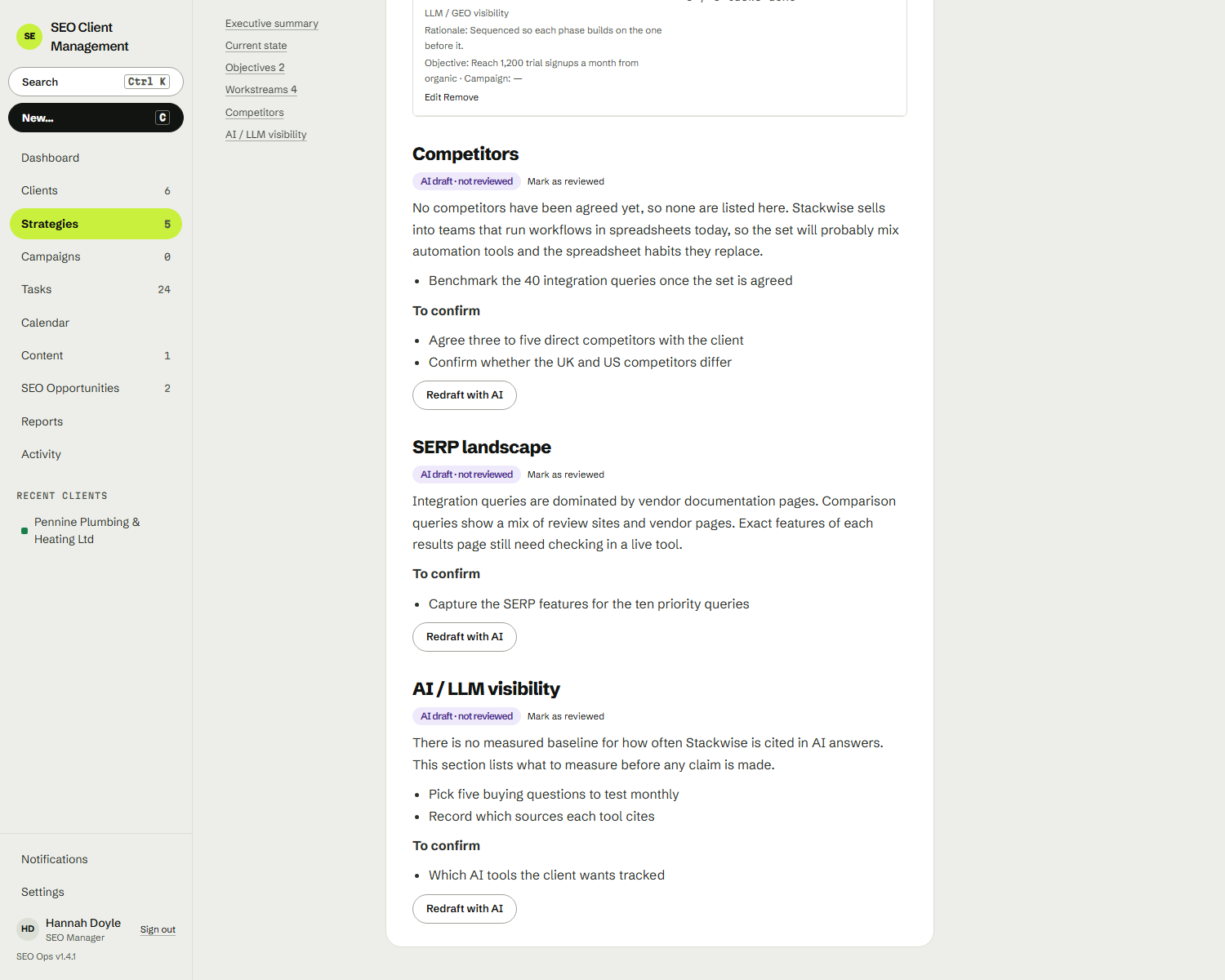 AI-drafted report sections in SEO Ops waiting for review