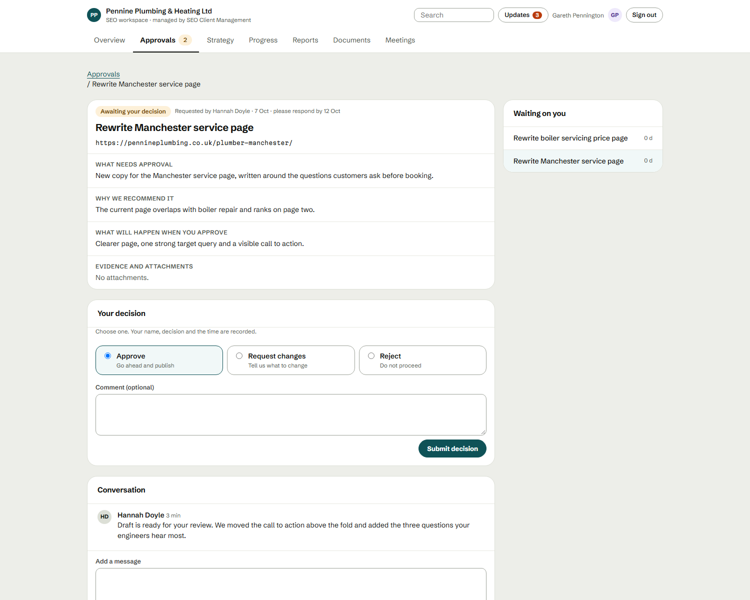 A client approving work in the SEO Ops client portal
