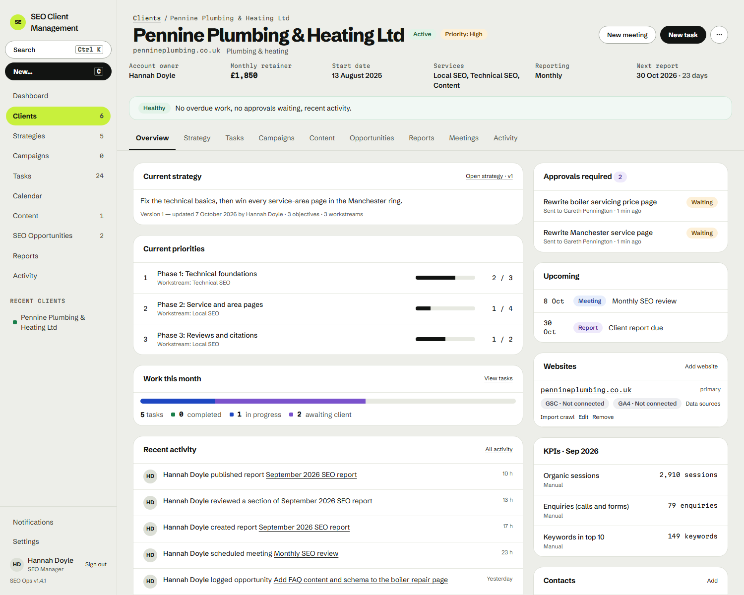 A client hub in SEO Ops showing strategy, priorities, approvals, websites and KPIs