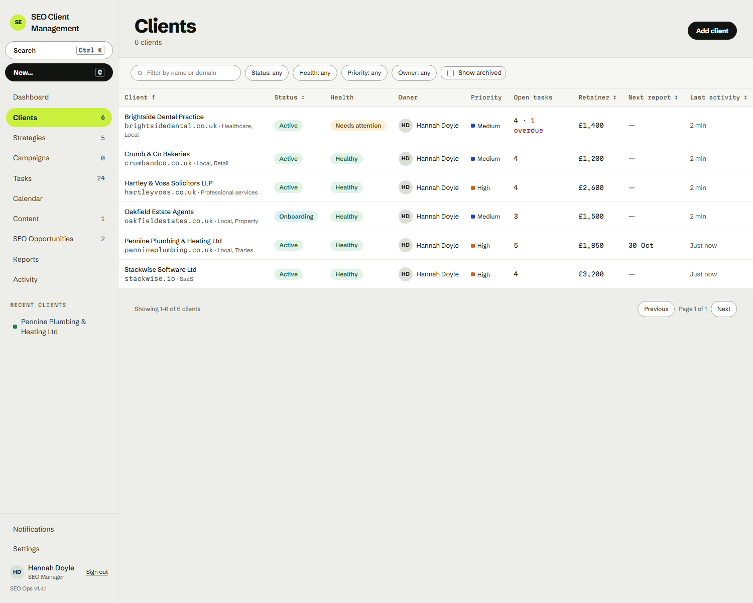 The SEO Ops clients list in WordPress