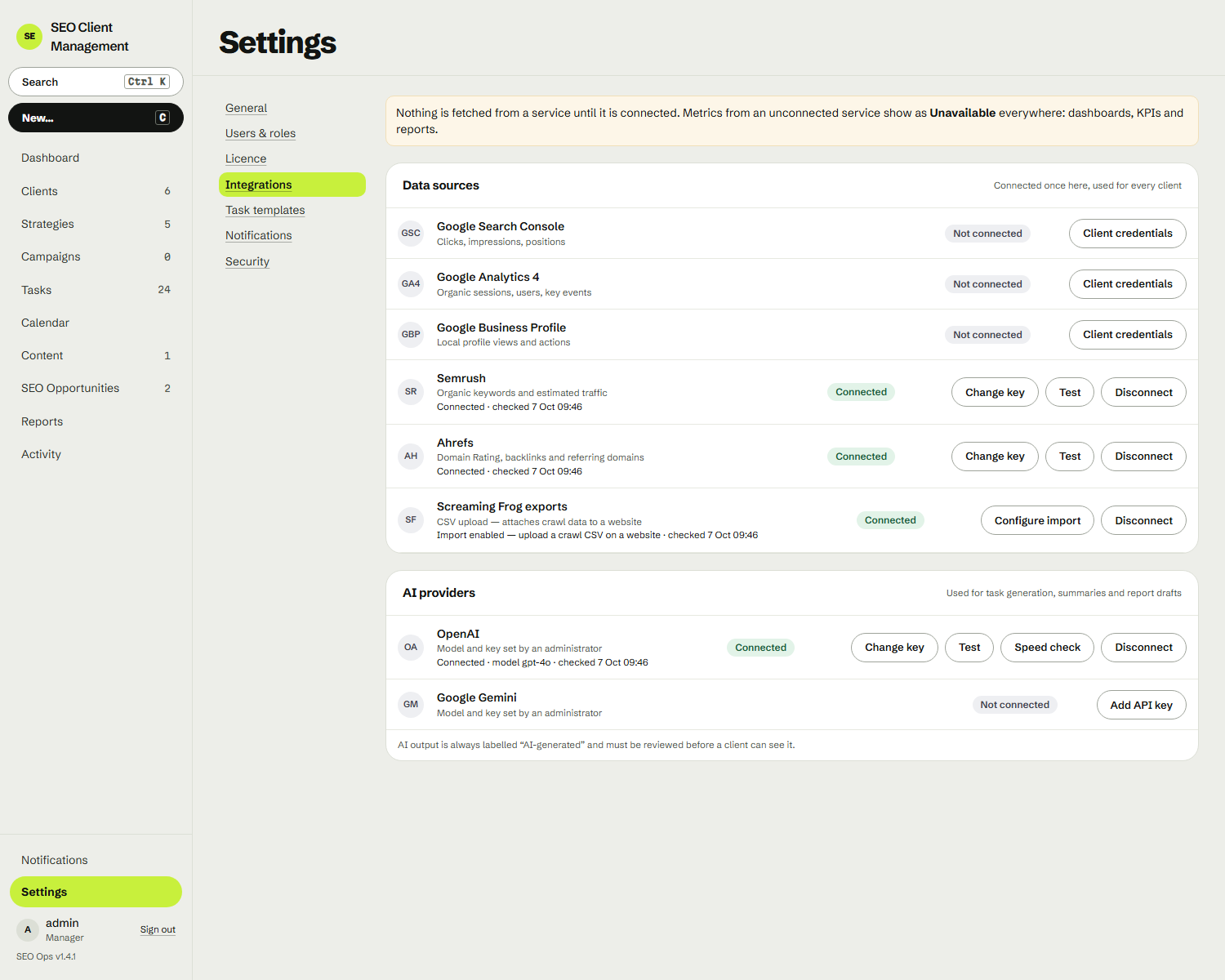 The SEO Ops integrations settings