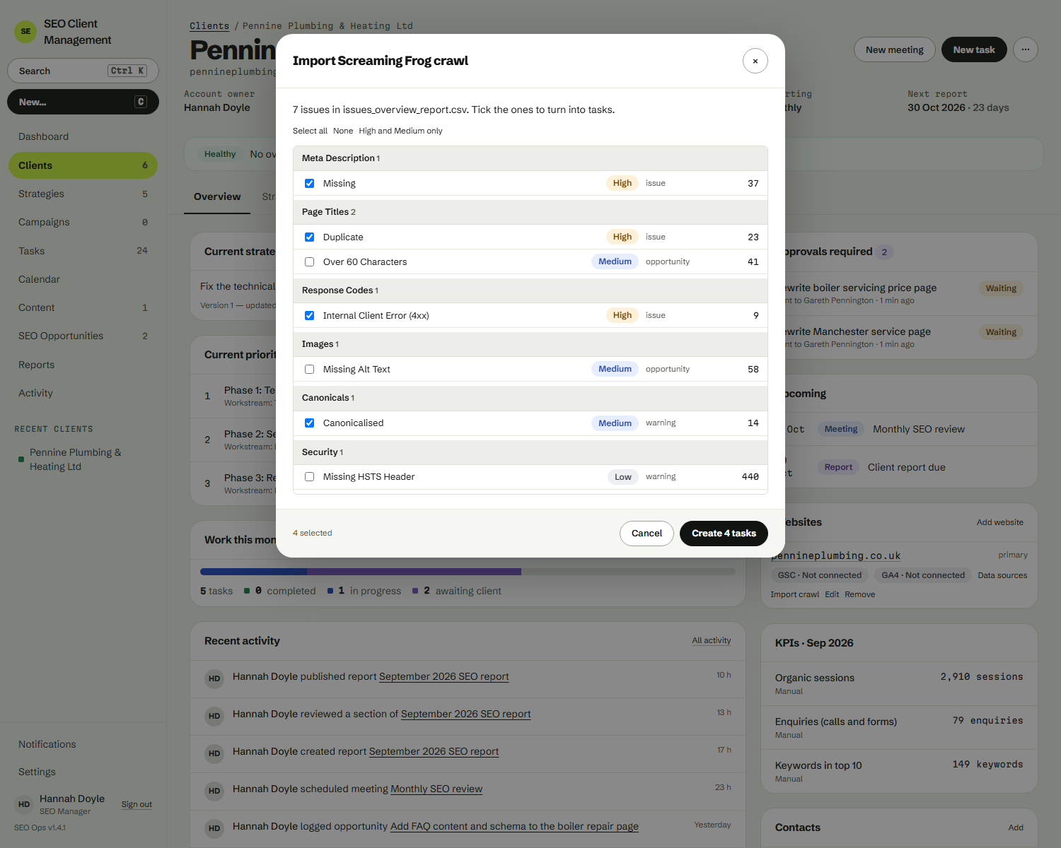 Importing a Screaming Frog crawl into SEO Ops
