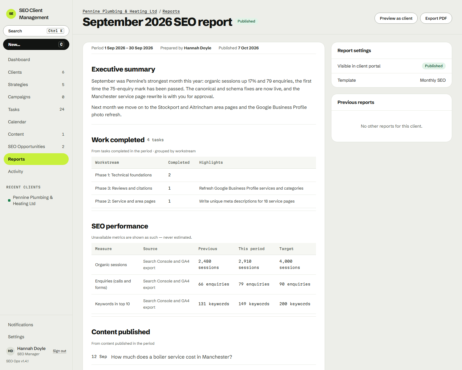An SEO report built in SEO Ops