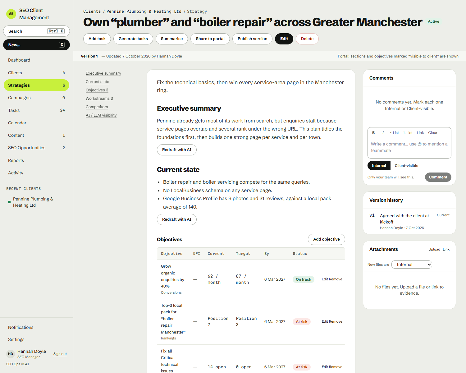 An SEO strategy in SEO Ops with phases and workstreams