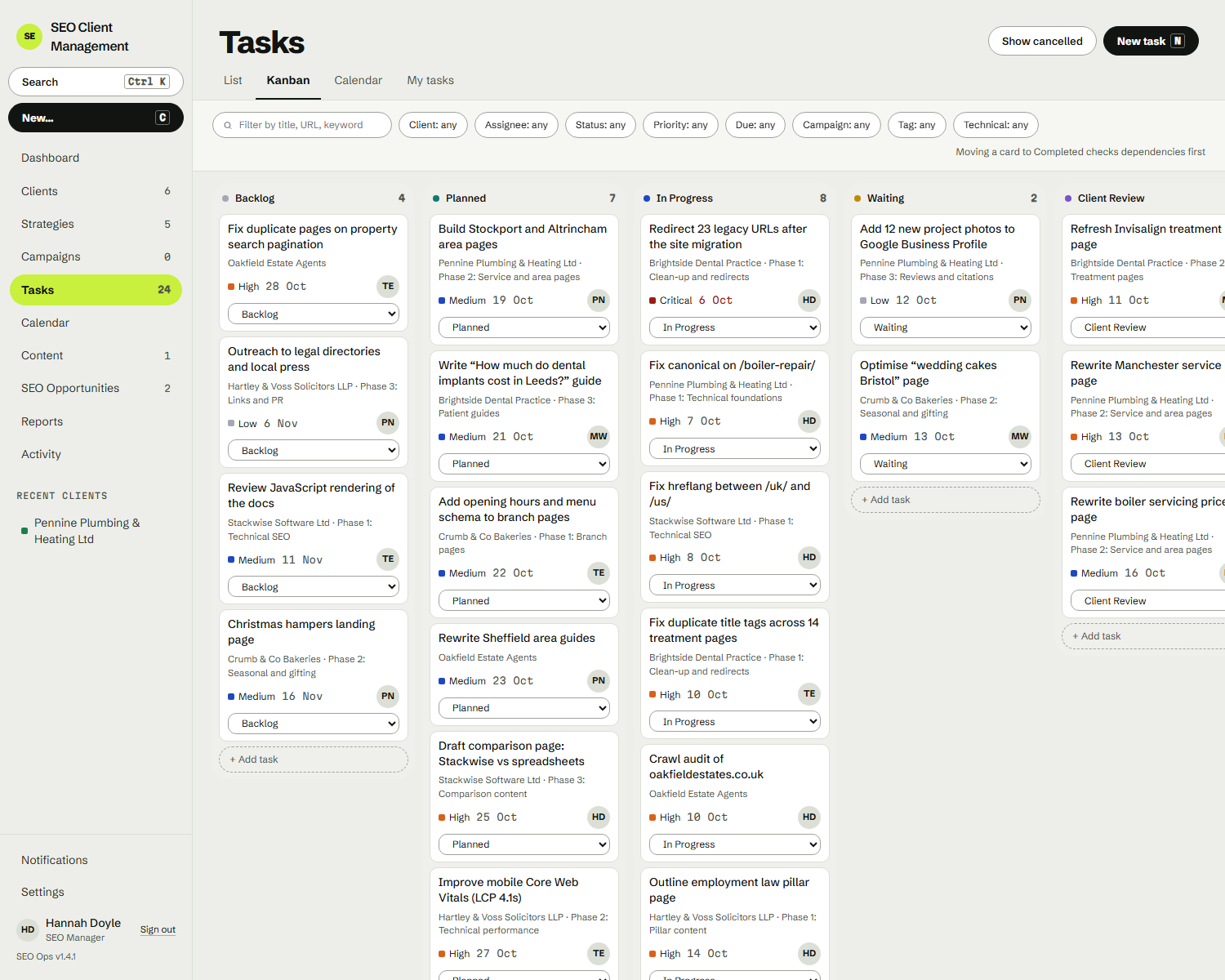 The SEO Ops task board with tasks grouped by status